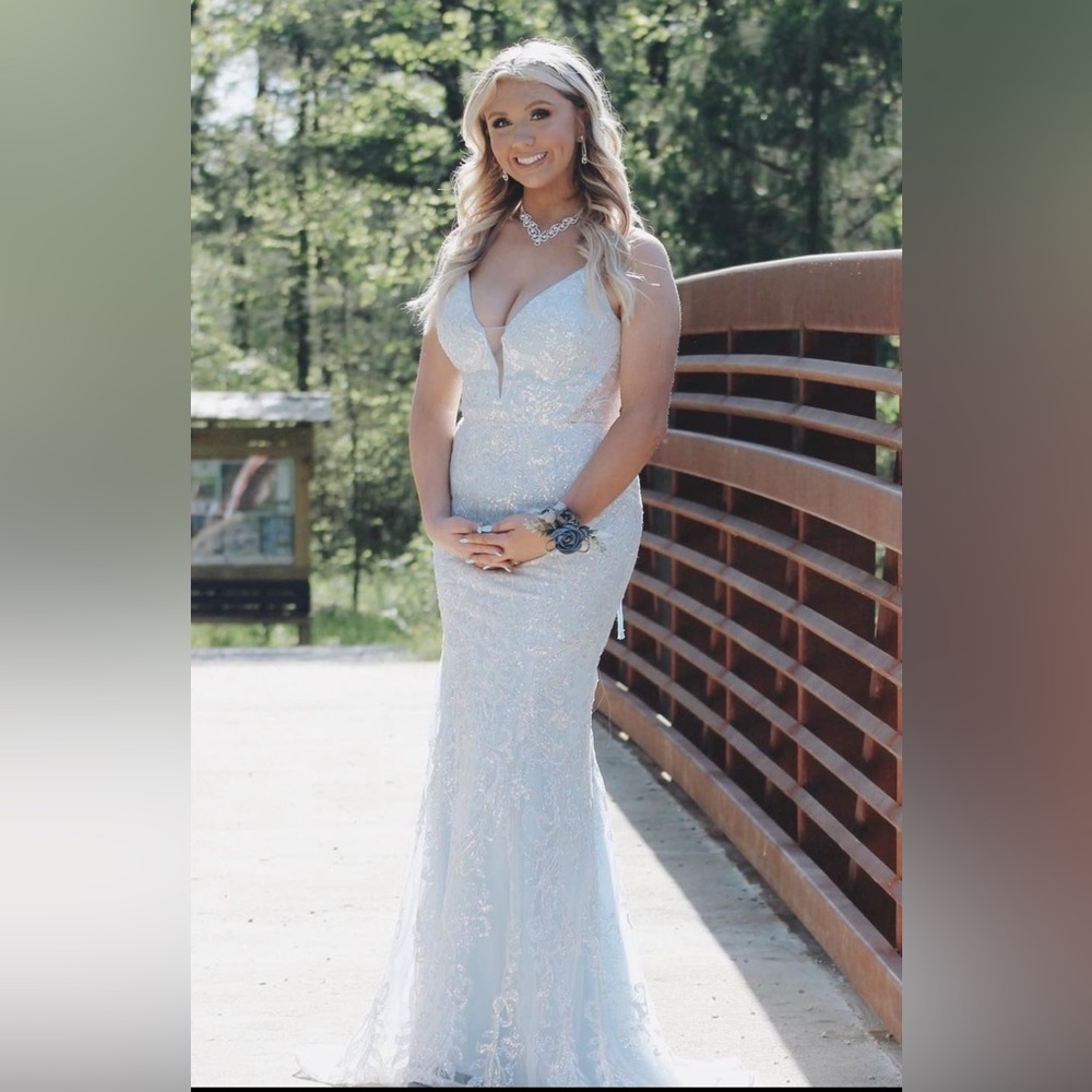 Baby light blue size 6-8 prom formal dress worn 1 time with jewelry